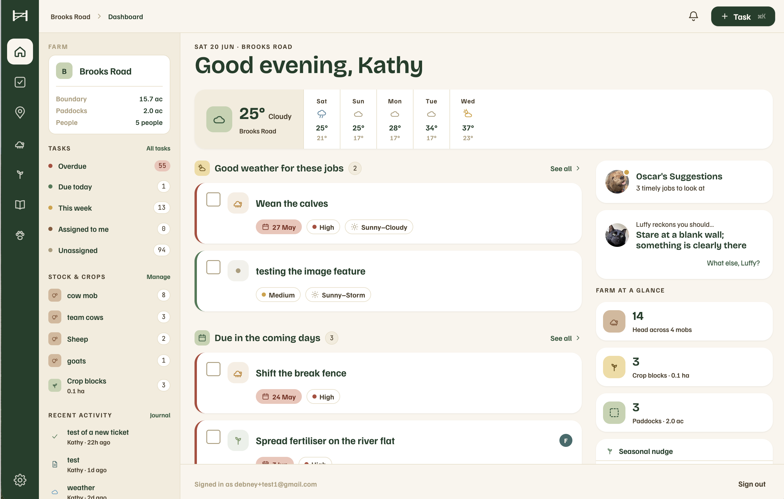 The Rove dashboard showing today's weather, the jobs due, and farm at a glance