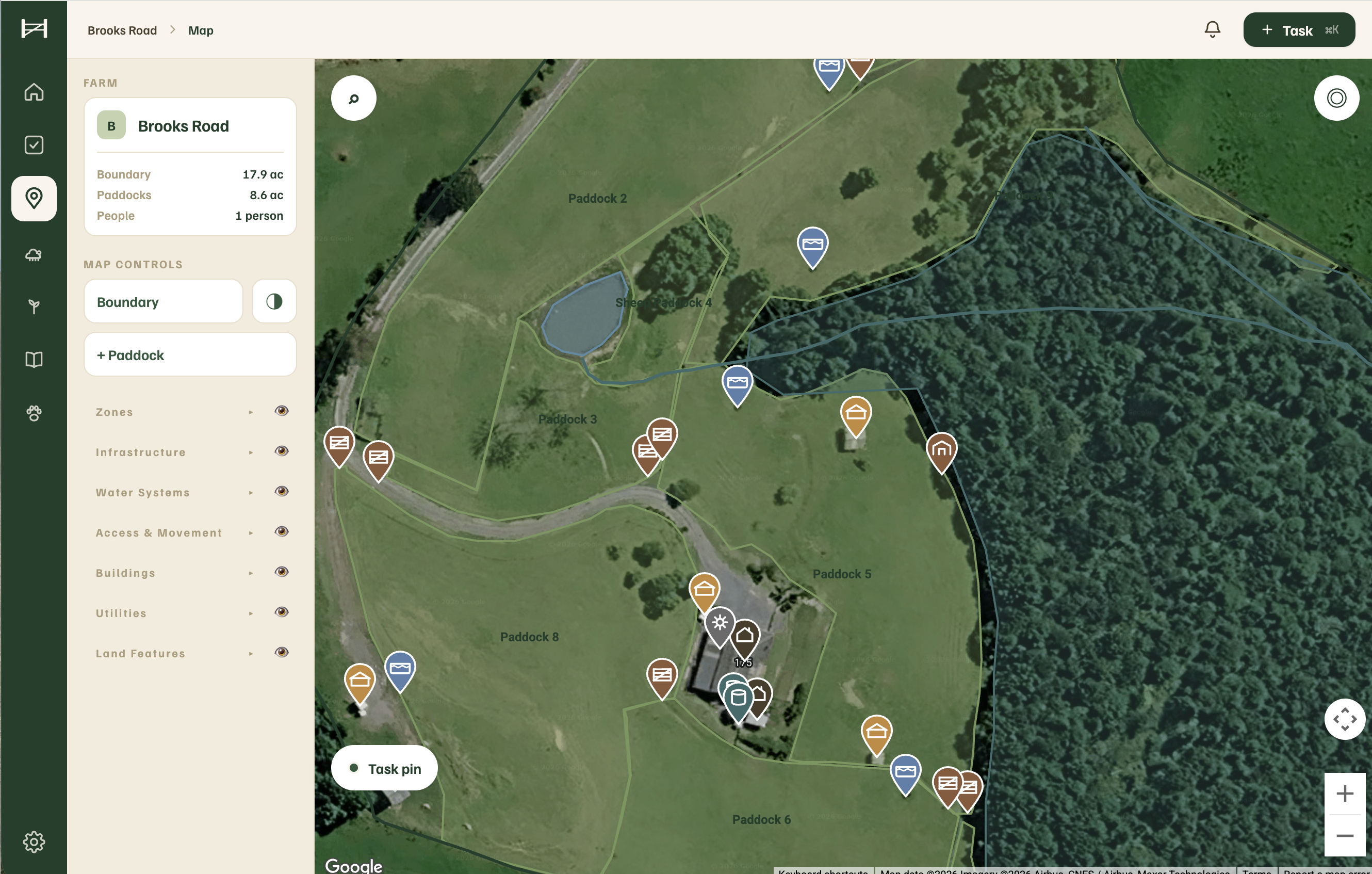 The Rove farm map with paddock boundaries and pins for gates, troughs and fences